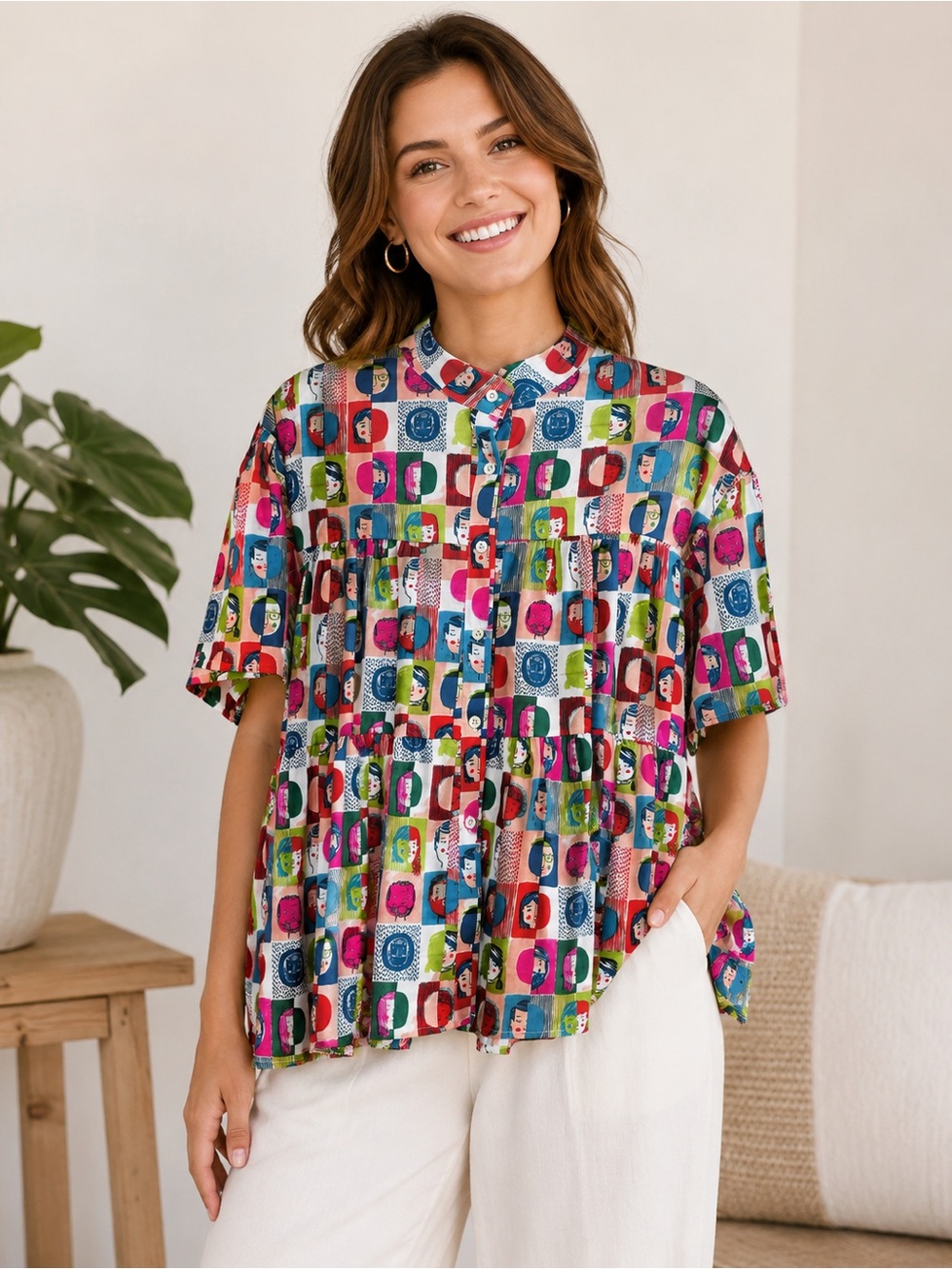 Lian Colorful Face Print Tiered Button Front Blouse Size Large